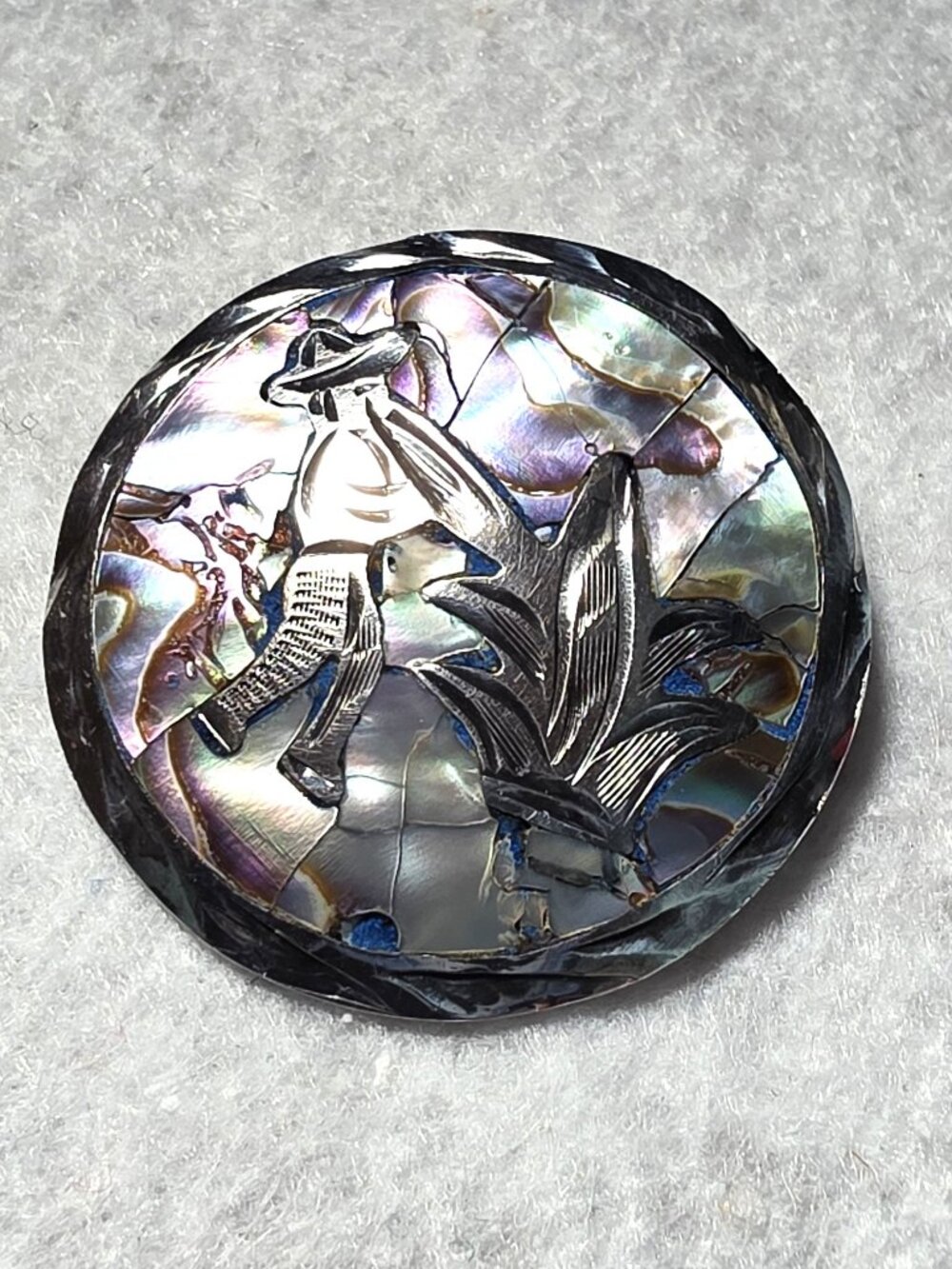 Vintage Mexico Handcrafted 925 Sterling Silver Abalone Mosaic Brooch Pendant